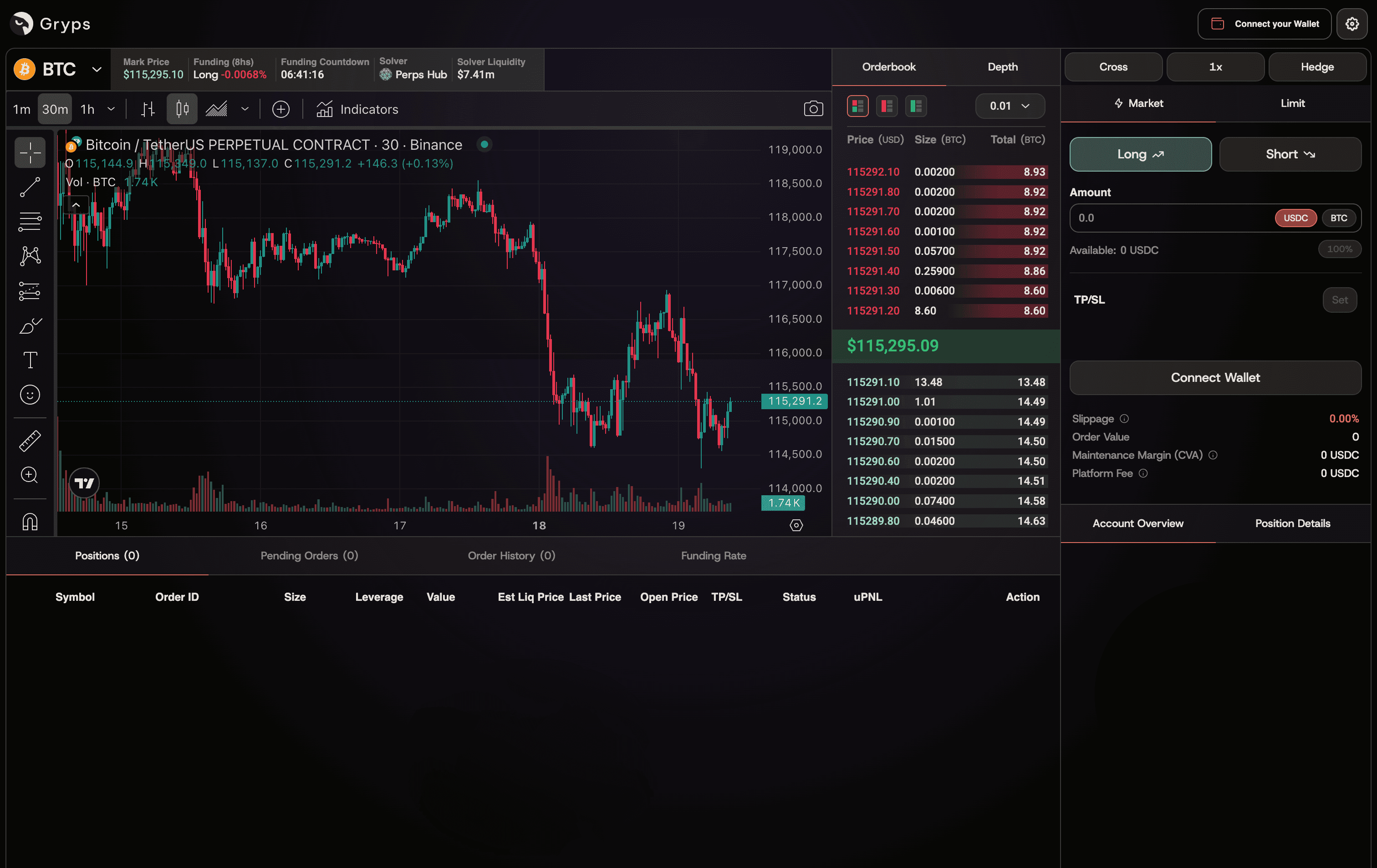 Gryps trading app showing a perpetual market chart, order entry panel and open positions